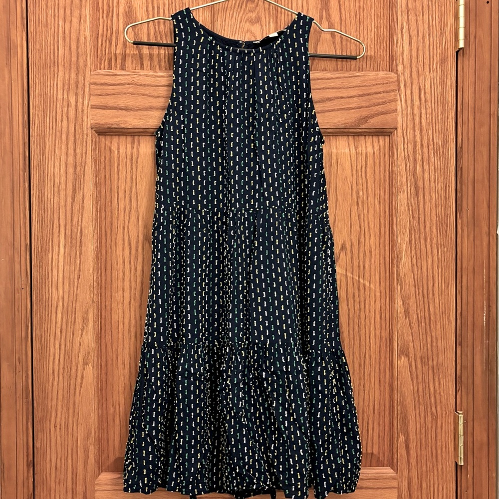 Loft XSP Navy tiered dress with green, yellow, & white lined print